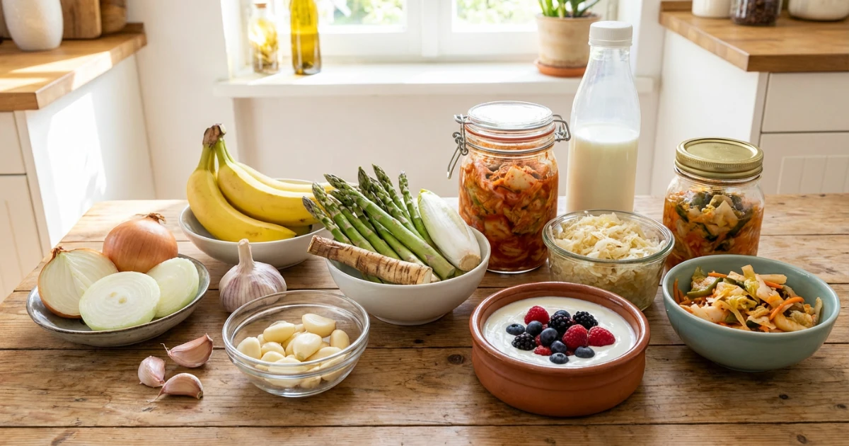 Vasetti di yogurt naturale, kefir e verdure fermentate come crauti e kimchi, alimenti ricchi di probiotici per la pulizia intestinale