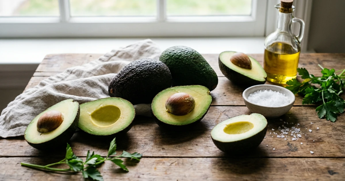 Avocado tagliato a metà su un tagliere con coltello, ricco di grassi monoinsaturi per accelerare il metabolismo