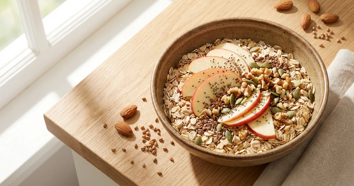 Ciotola di avena con mela tagliata a fette e semi, ricca di fibre solubili e insolubili per la pulizia intestinale naturale