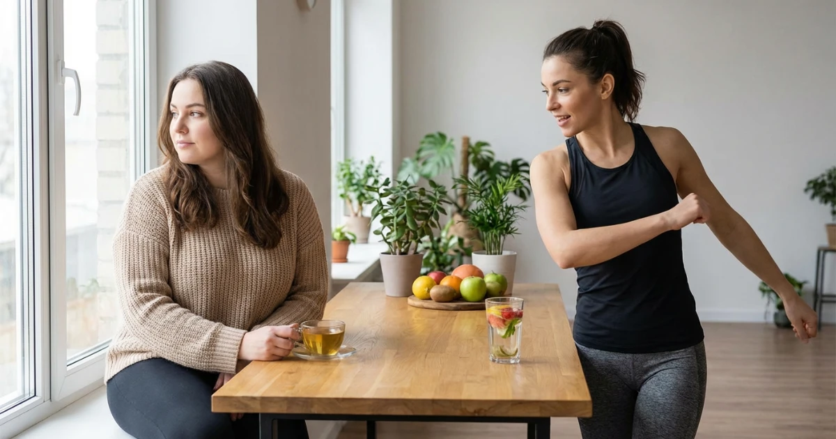 Confronto visivo tra metabolismo basale alto e basso: donna con metabolismo veloce che mangia senza ingrassare vs donna con metabolismo lento che fatica a perdere peso