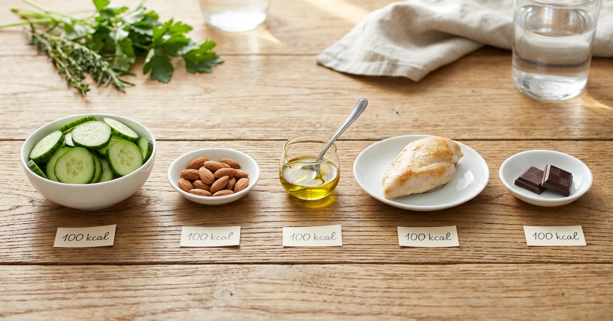 Confronto visivo tra porzioni di alimenti ad alta e bassa densità calorica: 100 grammi di verdure fresche accanto a 20 grammi di cioccolato, entrambi con 200 calorie