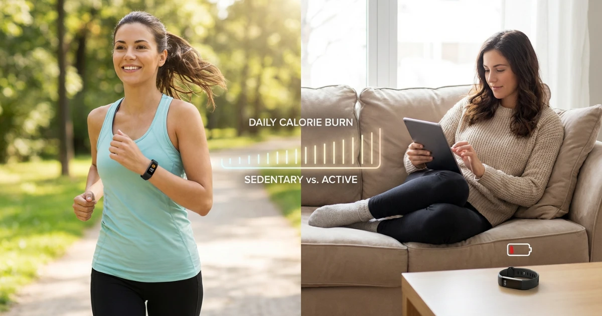 Confronto visivo tra persona sedentaria e attiva che mostra le differenze nel fabbisogno calorico giornaliero