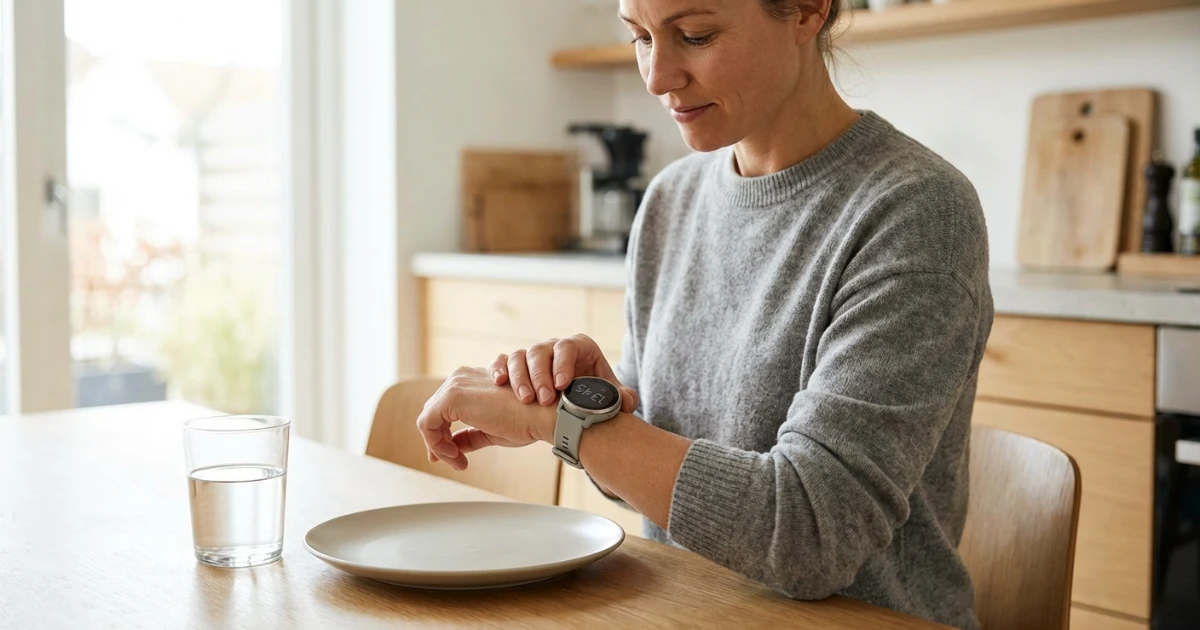 Donna serena che pratica digiuno intermittente leggero con orologio e bicchiere d'acqua, rappresentando la finestra di 12-14 ore per la rigenerazione intestinale