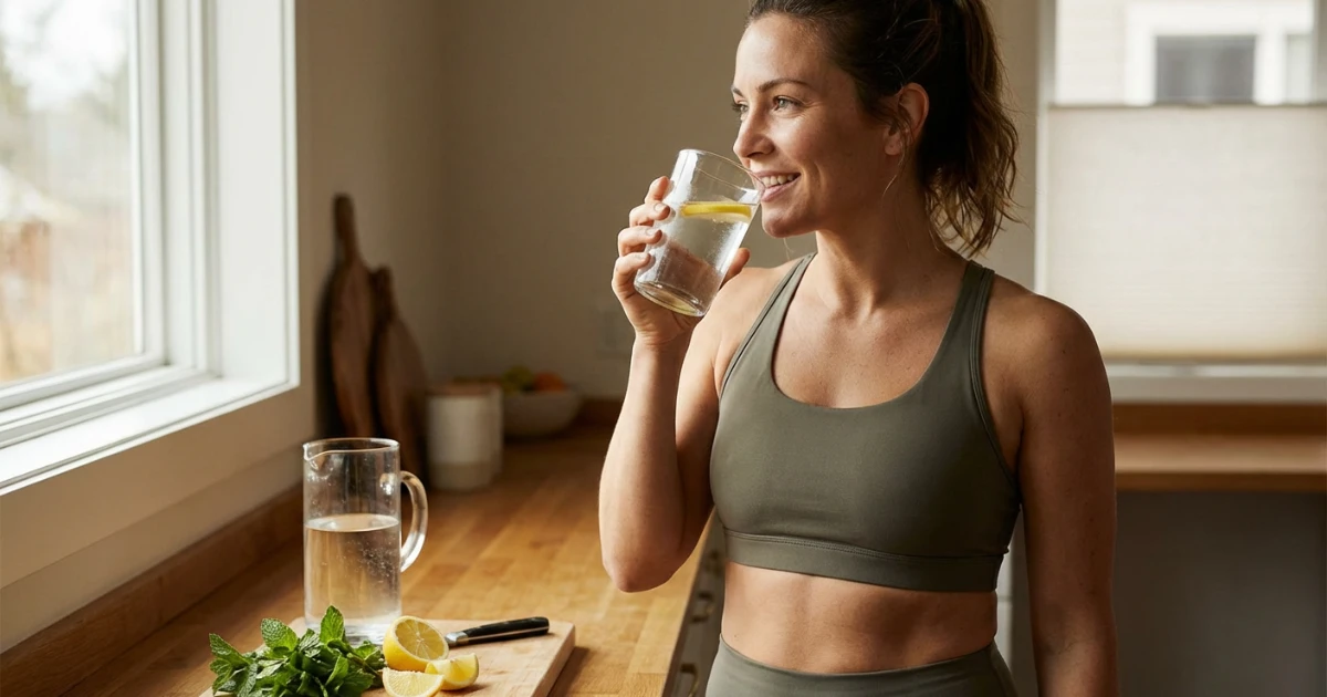 Donna che beve un bicchiere d'acqua trasparente con fettine di limone, rappresentando l'importanza dell'idratazione per la pulizia intestinale e riattivazione del metabolismo