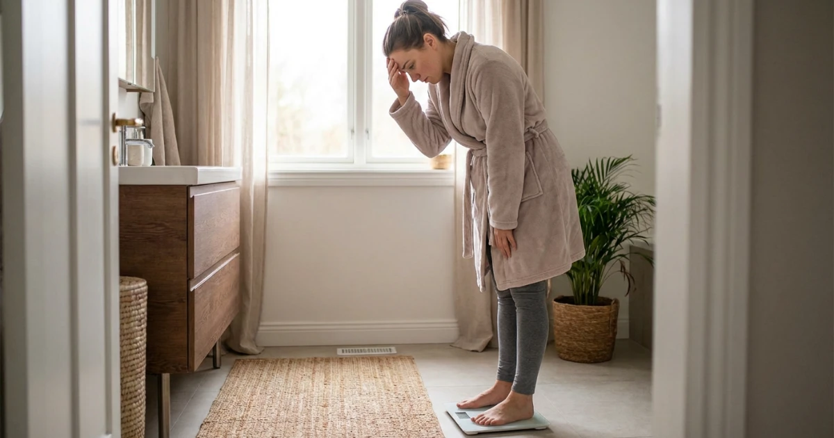 Donna stanca che si guarda allo specchio toccandosi il viso con espressione preoccupata, simbolo del metabolismo bloccato nel post-partum