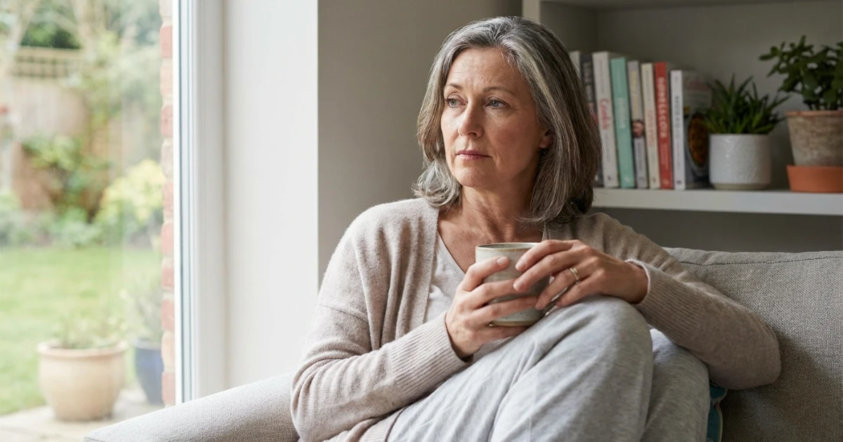 Donna in menopausa che sperimenta rallentamento metabolico con sintomi di stanchezza e aumento di peso