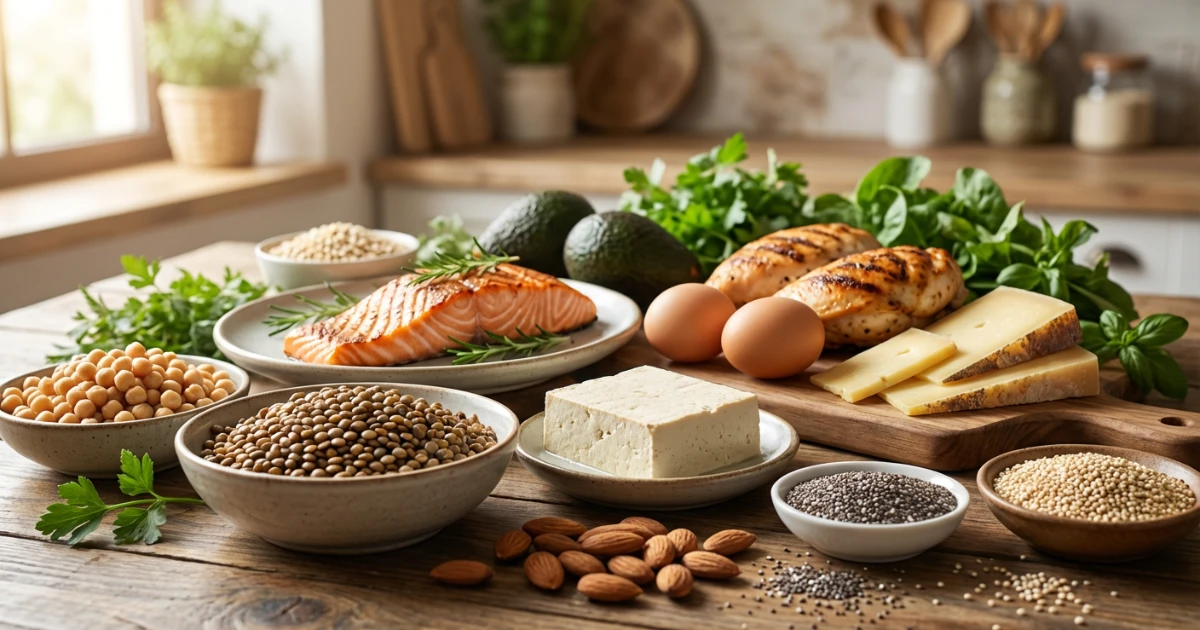 Piatto di carne bianca, pesce, uova e legumi su tavolo di legno, fonti proteiche per accelerare naturalmente il metabolismo