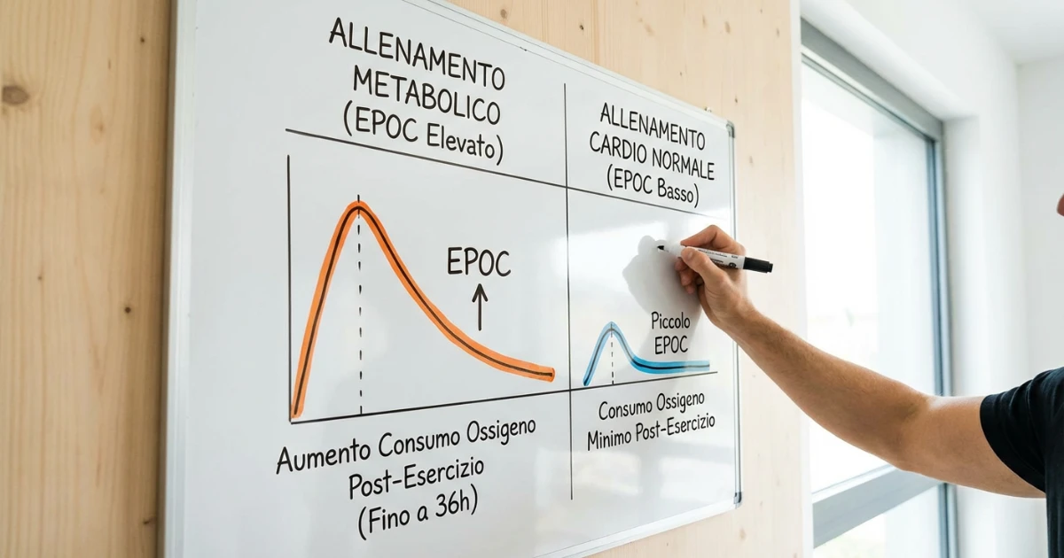 Grafico comparativo che mostra la differenza nel consumo calorico tra cardio tradizionale e allenamento metabolico: il cardio brucia calorie solo durante l'esercizio, mentre l'allenamento metabolico continua a bruciare calorie per ore dopo l'allenamento grazie all'effetto EPOC