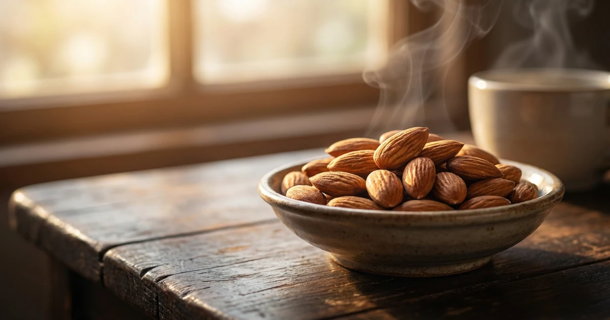 Mandorle crude su un tagliere di legno, ricche di magnesio e proteine per accelerare il metabolismo naturalmente