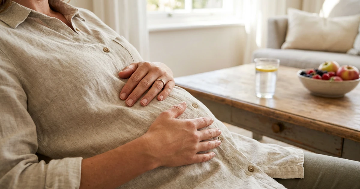 Donna che si tocca la pancia con espressione di disagio, rappresentazione dei sintomi di un intestino che necessita pulizia