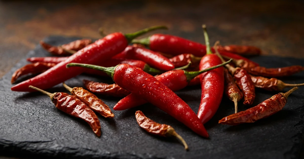 Peperoncini rossi freschi su tavolo di legno, spezia piccante ricca di capsaicina per accelerare naturalmente il metabolismo