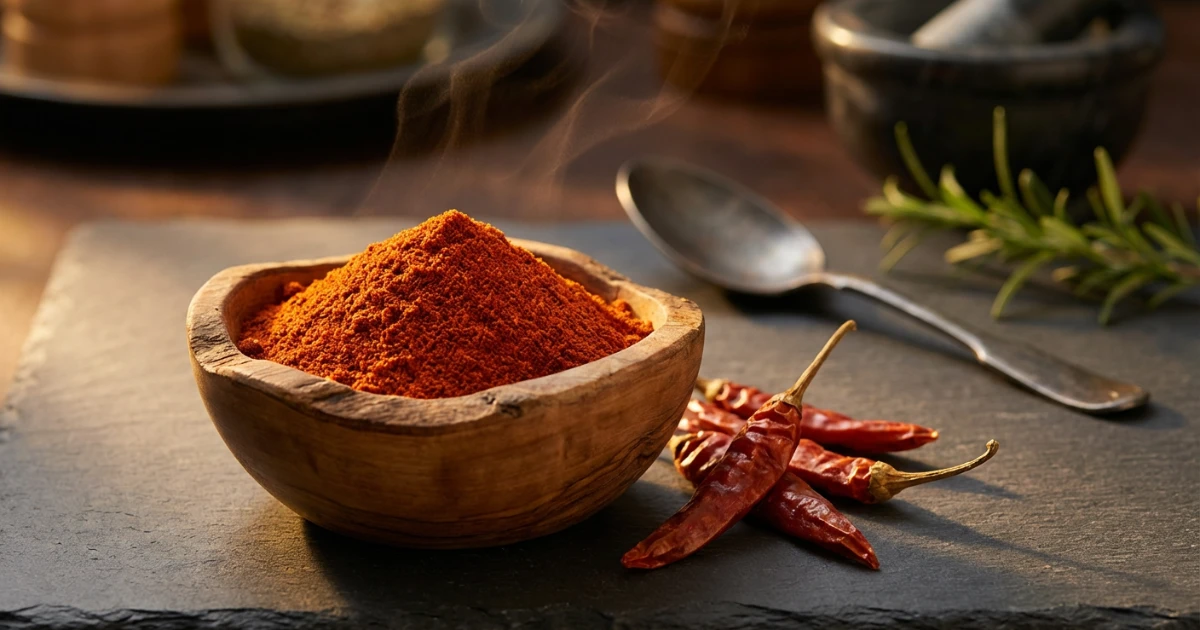 Pepe di Cayenna rosso piccante su cucchiaio di legno, spezia termogenica naturale per accelerare il metabolismo