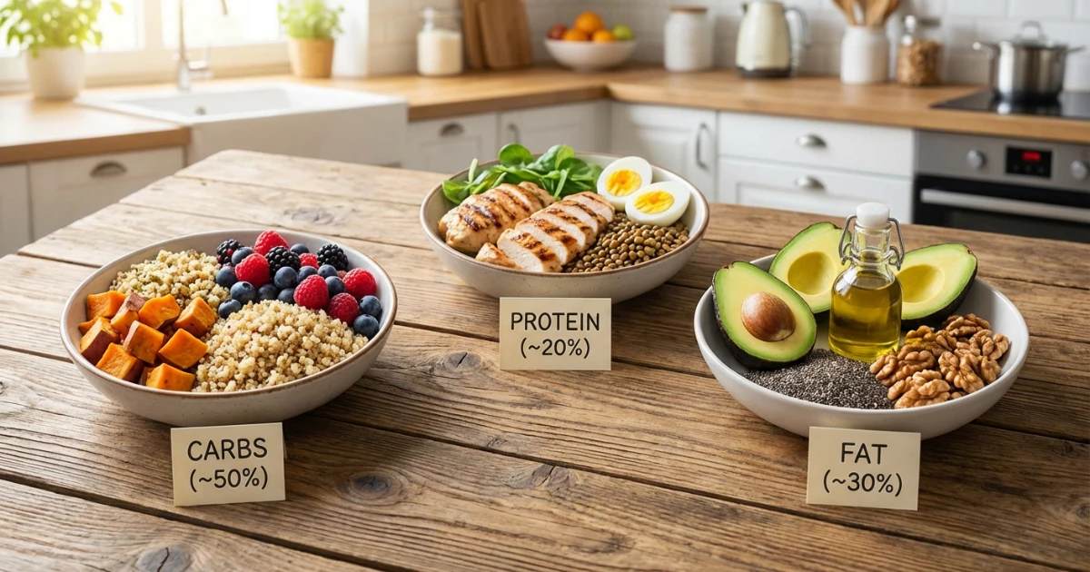 Grafico a torta che mostra la distribuzione ottimale dei macronutrienti: 45-60% carboidrati, 20-35% grassi, 15-25% proteine