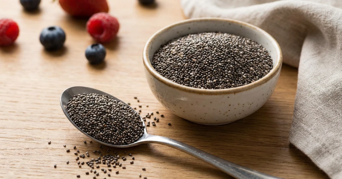 Semi di chia neri e bianchi sparsi su cucchiaio di legno con ciotola sullo sfondo, superfood ricco di omega-3 e fibre per accelerare il metabolismo
