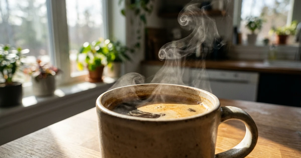 Tazza di caffè nero fumante su tavolo in legno con chicchi di caffè sparsi, bevanda naturale per accelerare il metabolismo