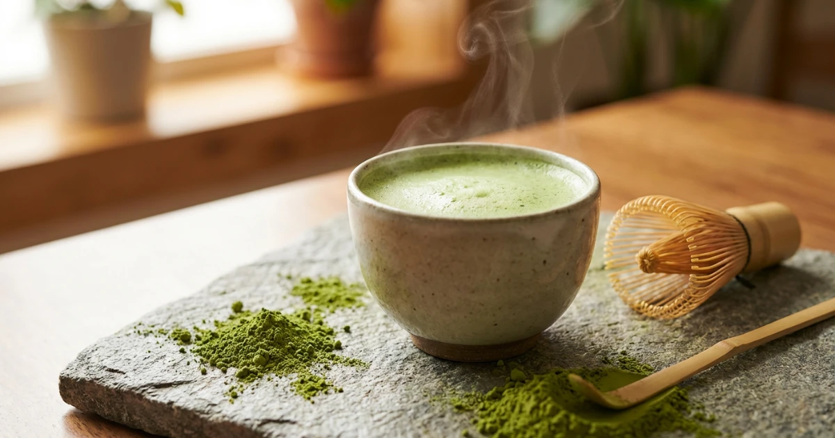 Tazza di matcha verde in polvere su un tavolo di legno con cucchiaio di bambù, superfood per accelerare il metabolismo