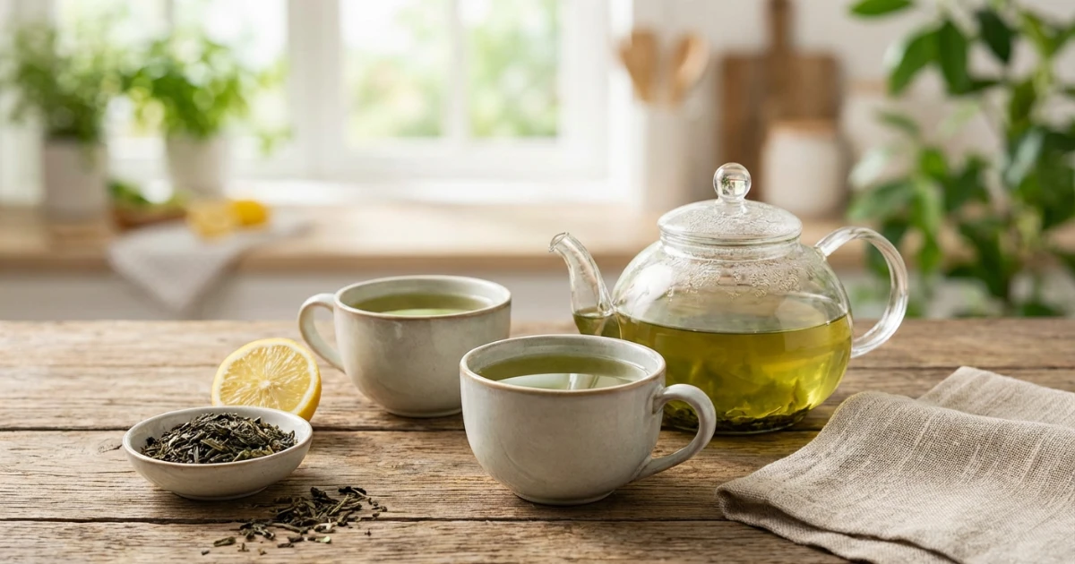 Tazza di tè verde fumante con foglie fresche di tè su tavolo in legno, bevanda naturale per accelerare il metabolismo