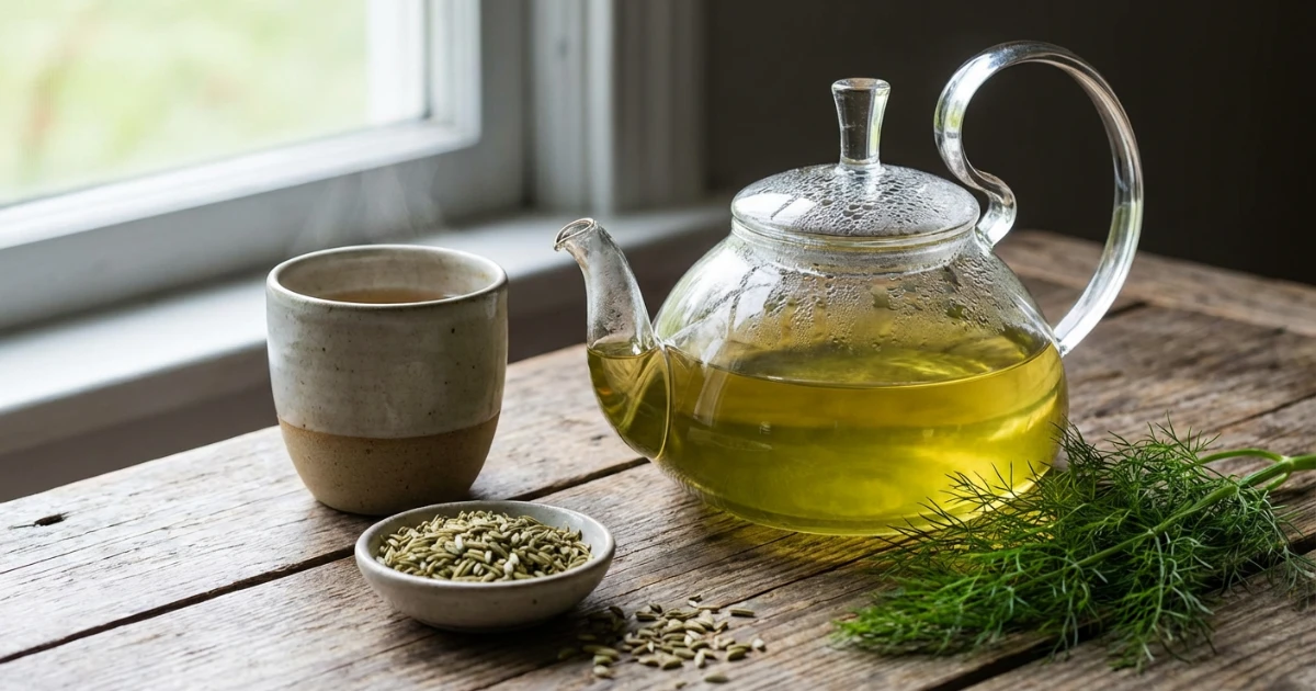 Tazza di tisana al finocchio fumante con semi di finocchio freschi e erbe aromatiche, bevanda detox naturale per la pulizia intestinale e riattivazione del metabolismo