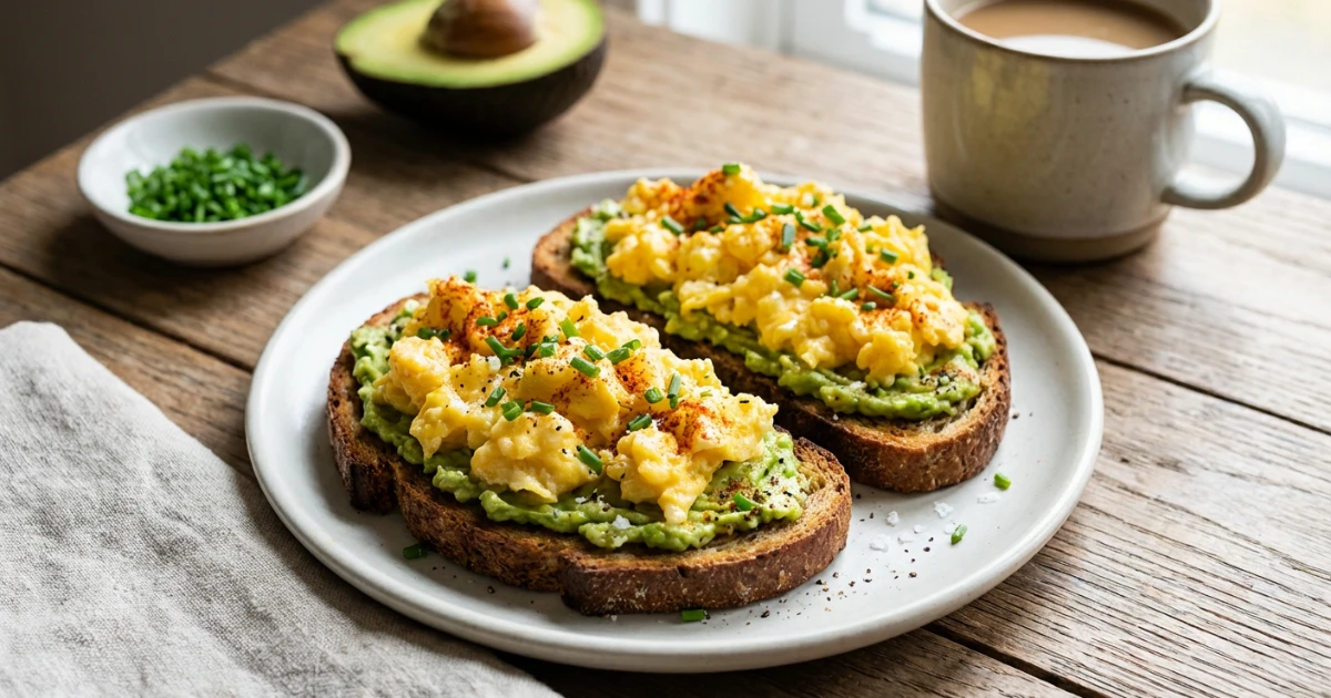 Uova strapazzate con avocado e pane integrale proteico